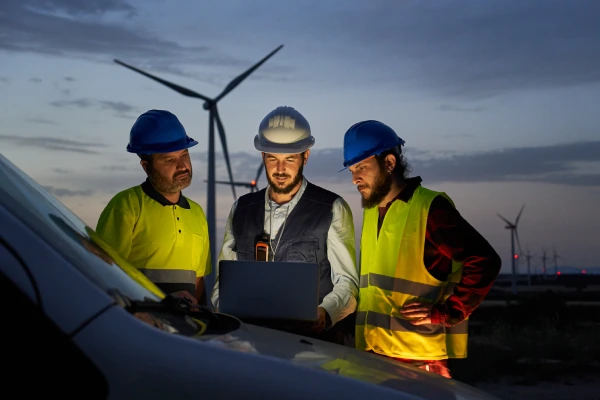 group-engineers-discussed-plan-maintenance-wind-turbines-working-with-laptop